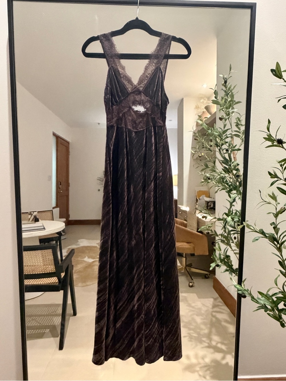 Zara Dark Brown Velvet Lace-Trim Maxi Dress